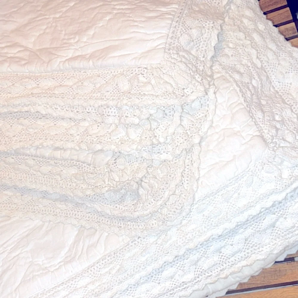 Simply Shabby Chic 3pc Quilt Shams Set Linen Blend Crochet Trim White Full Queen
